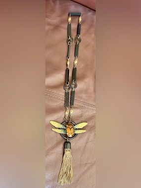 Antique Egyptian Scarab Black Beetle Dragonfly Pendant Necklace w/ Tassel Accent
